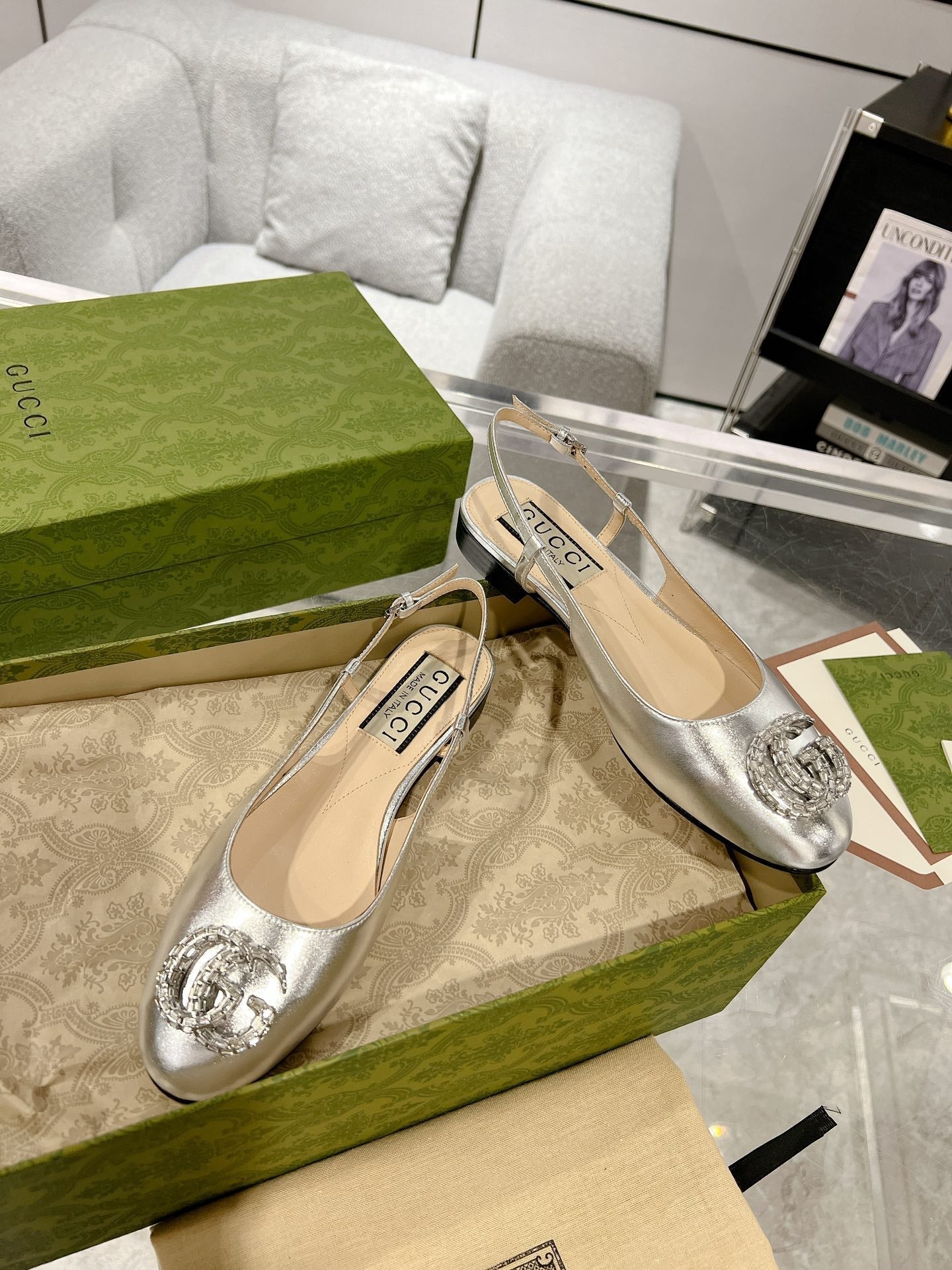 GUCCI CRYSTALS SLINGBACK BALLET SILVER CALFSKIN