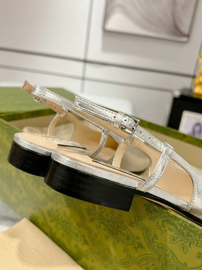 GUCCI CRYSTALS SLINGBACK BALLET SILVER CALFSKIN