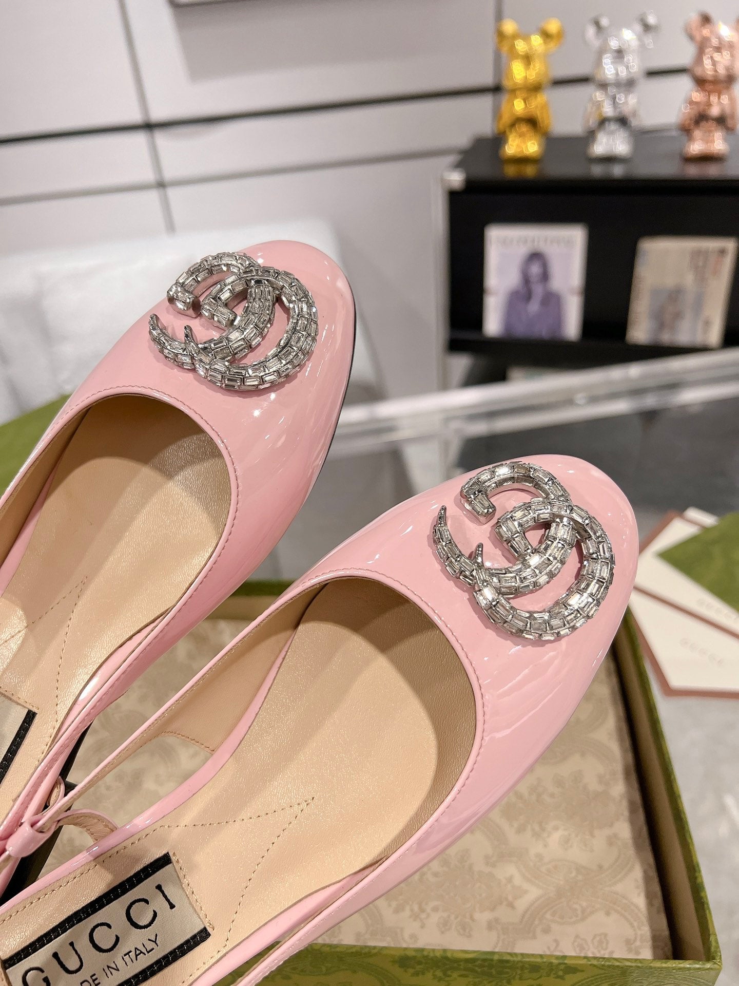 GUCCI METALIC SLINGBACK FLATS IN ROSE PINK CALFSKIN
