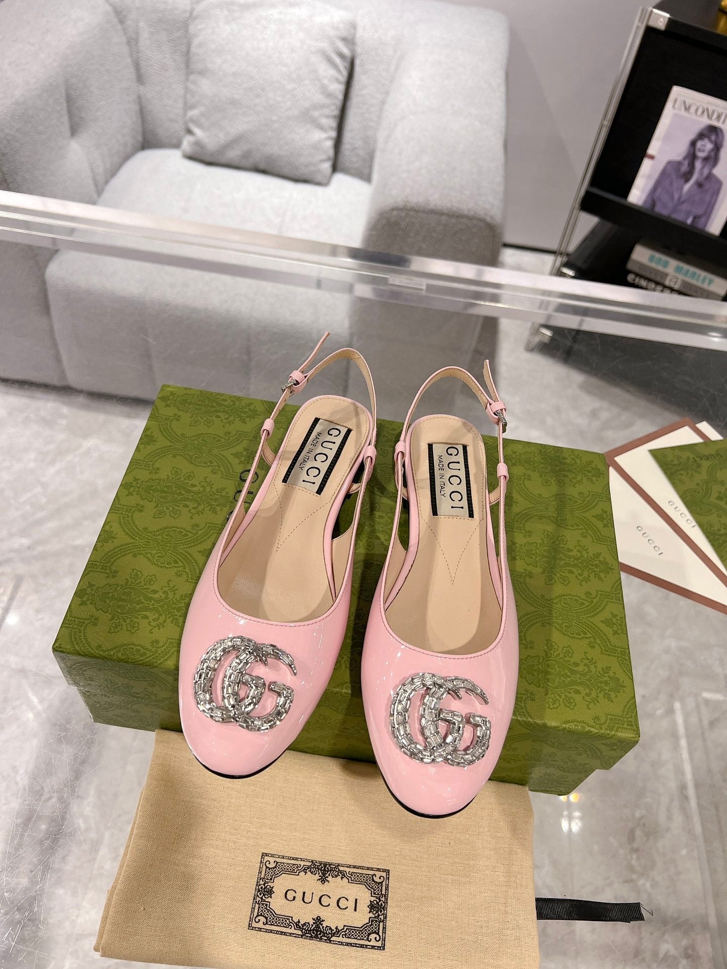 GUCCI METALIC SLINGBACK FLATS IN ROSE PINK CALFSKIN