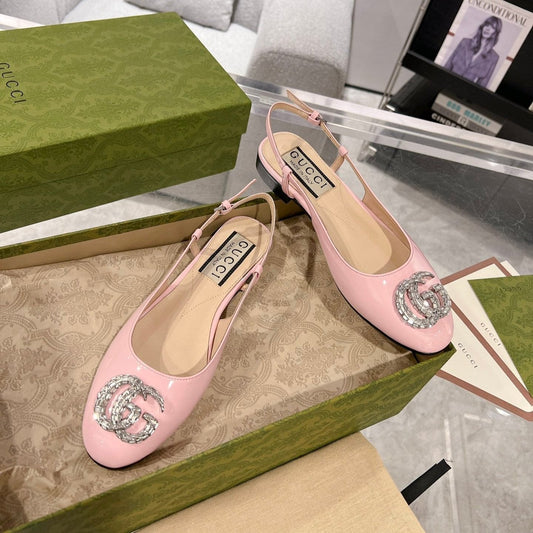GUCCI METALIC SLINGBACK FLATS IN ROSE PINK CALFSKIN