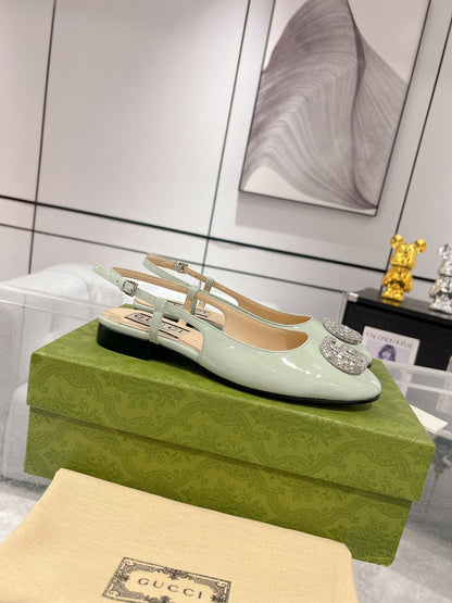 GUCCI METALIC SLINGBACK FLATS IN PISTACHIO GREEN CALFSKIN