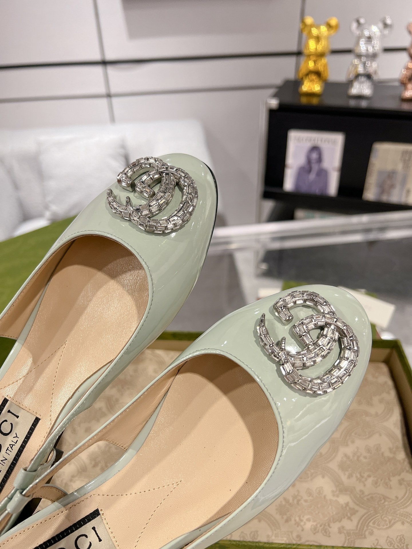GUCCI CRYSTALS SLINGBACK BALLET SAGE CALFSKIN