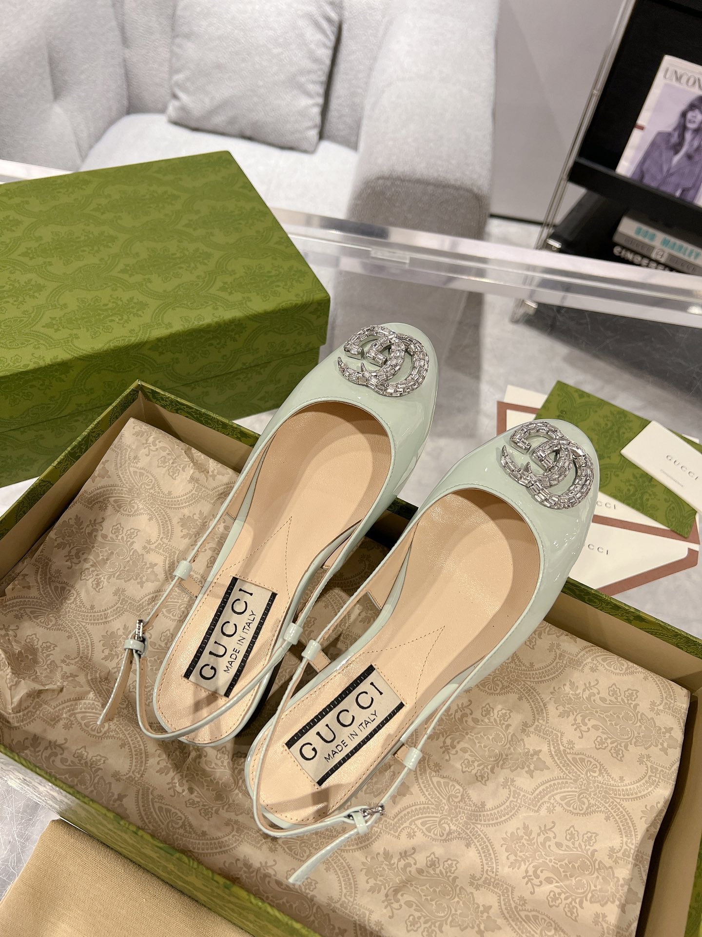 GUCCI CRYSTALS SLINGBACK BALLET SAGE CALFSKIN