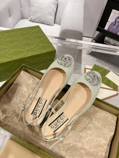 GUCCI METALIC SLINGBACK FLATS IN PISTACHIO GREEN CALFSKIN