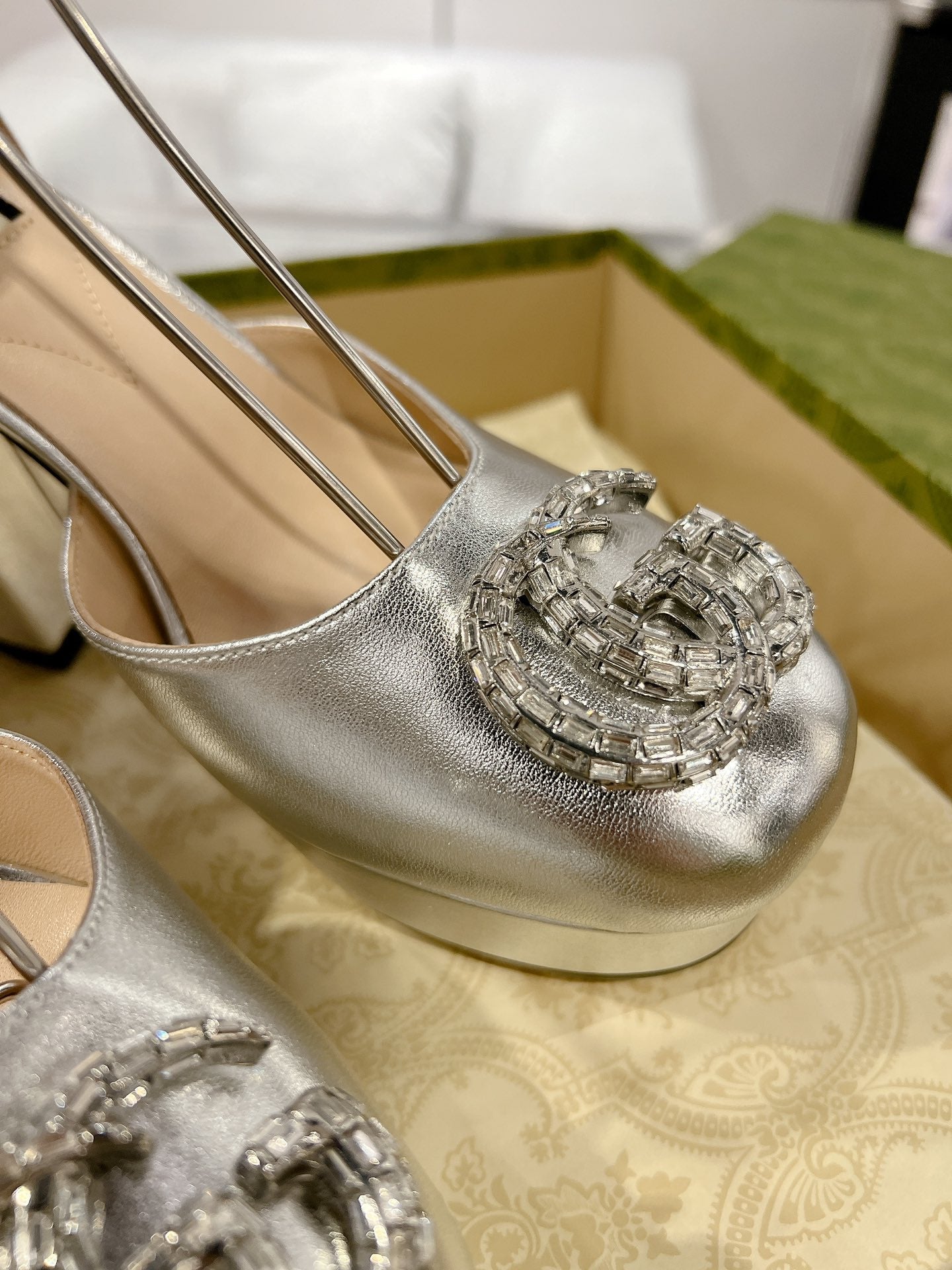 GUCCI HIGH SANDAL SQUARE HEEL 12 CM IN SILVER CALFSKIN