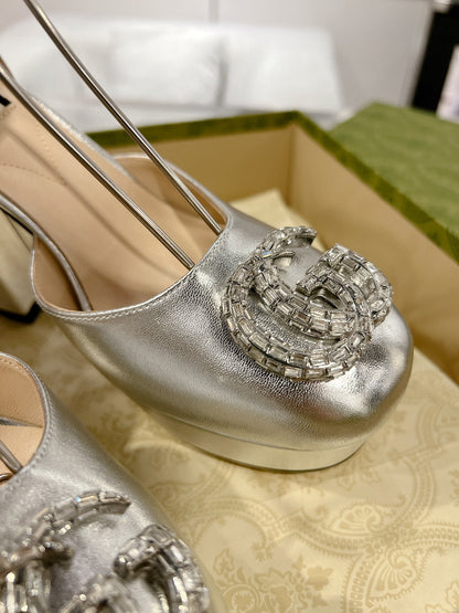 GUCCI HIGH SANDAL SQUARE HEEL 12 CM IN SILVER CALFSKIN
