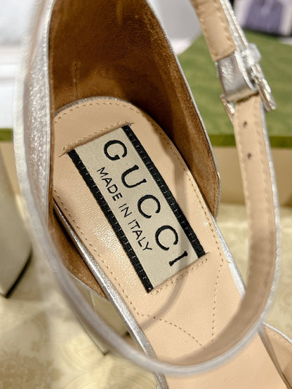 GUCCI CRYSTALS PLATFORM PUMPS SILVER CALFSKIN