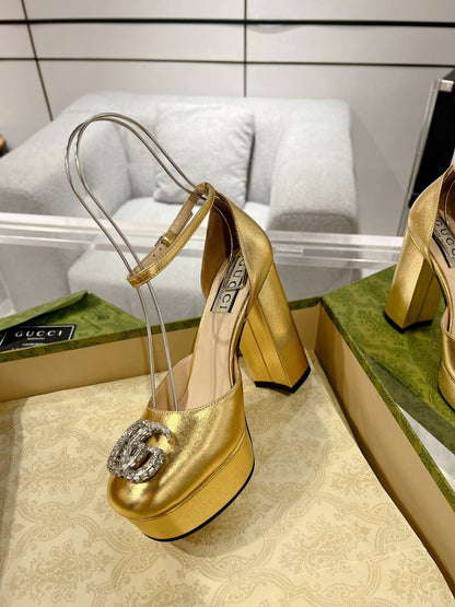 GUCCI CRYSTALS PLATFORM PUMPS METALLIC GOLD CALFSKIN