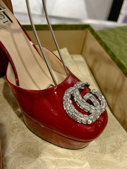 GUCCI CRYSTALS PLATFORM PUMPS SCARLET CALFSKIN