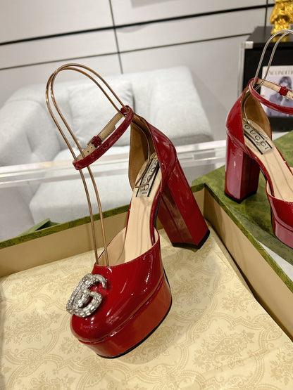 GUCCI HIGH SANDAL SQUARE HEEL 12 CM IN CHERRY RED CALFSKIN