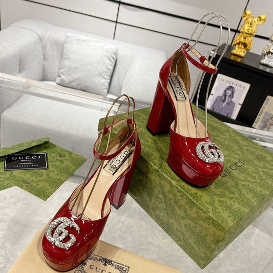 GUCCI HIGH SANDAL SQUARE HEEL 12 CM IN CHERRY RED CALFSKIN