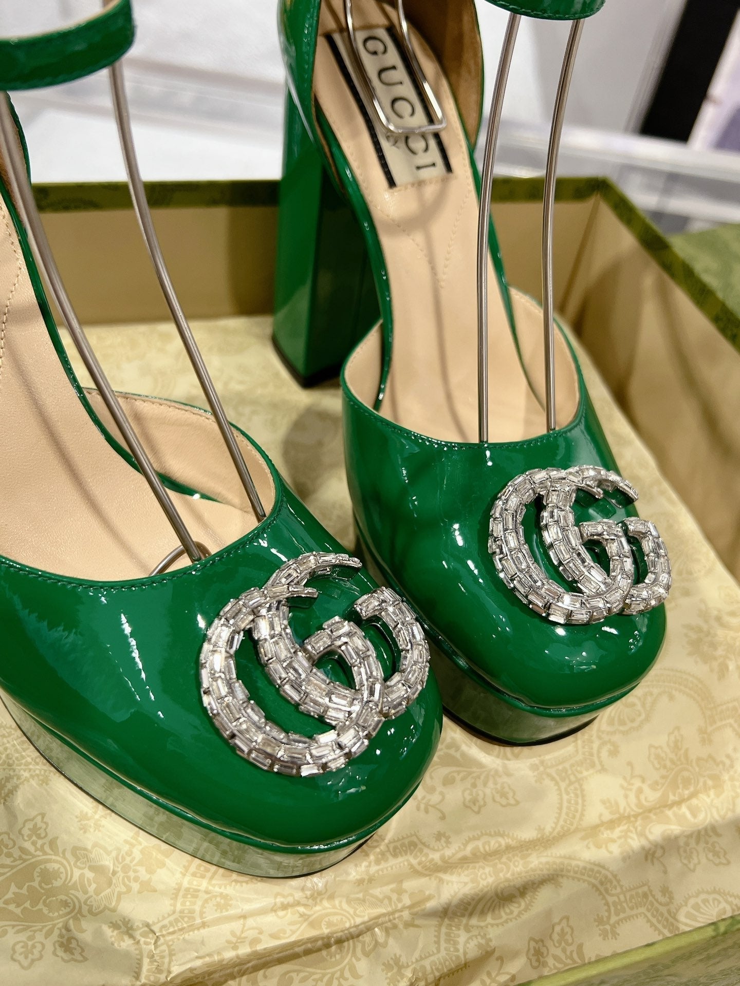 GUCCI HIGH SANDAL SQUARE HEEL 12 CM IN DARK GREEN CALFSKIN