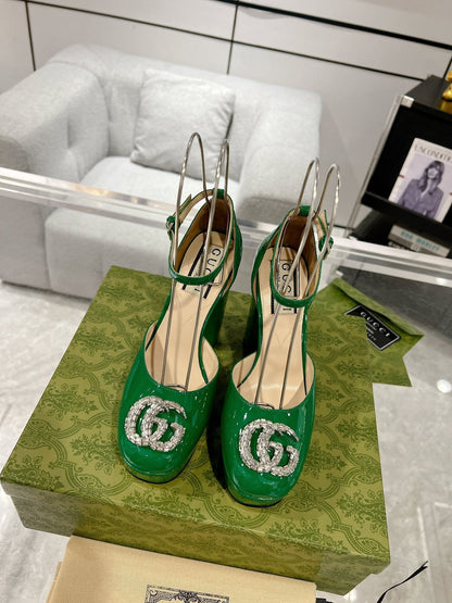 GUCCI HIGH SANDAL SQUARE HEEL 12 CM IN DARK GREEN CALFSKIN