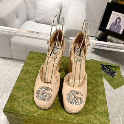 GUCCI CRYSTALS PLATFORM PUMPS CREAM CALFSKIN