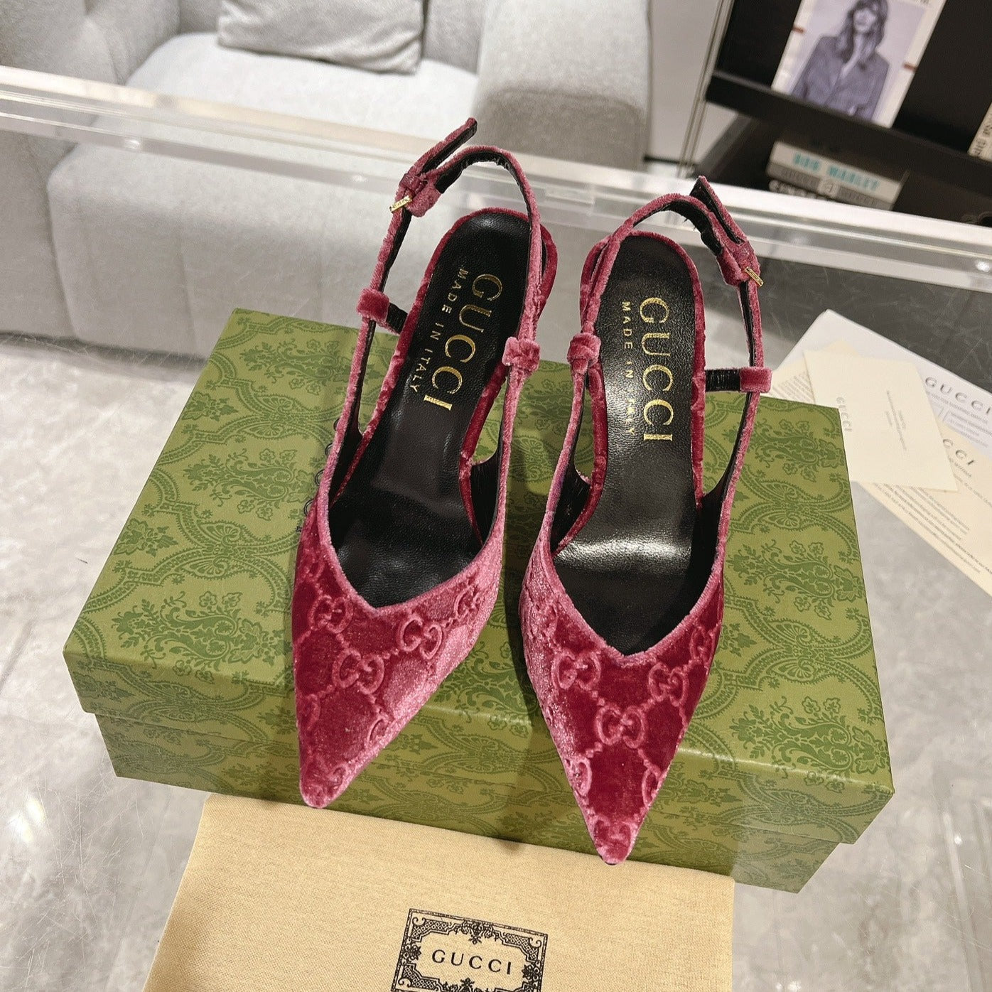 GUCCI SLINGBACK HIGH HEEL PUMP MAGENTA VELVET