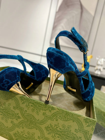 GUCCI SLINGBACK HIGH HEEL PUMP AZURE VELVET