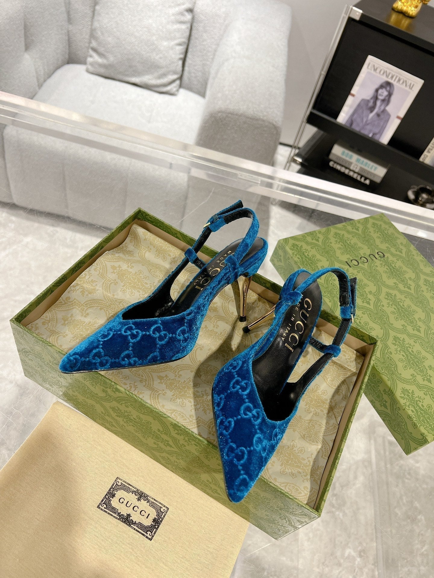 GUCCI SLINGBACK HIGH HEEL PUMP AZURE VELVET