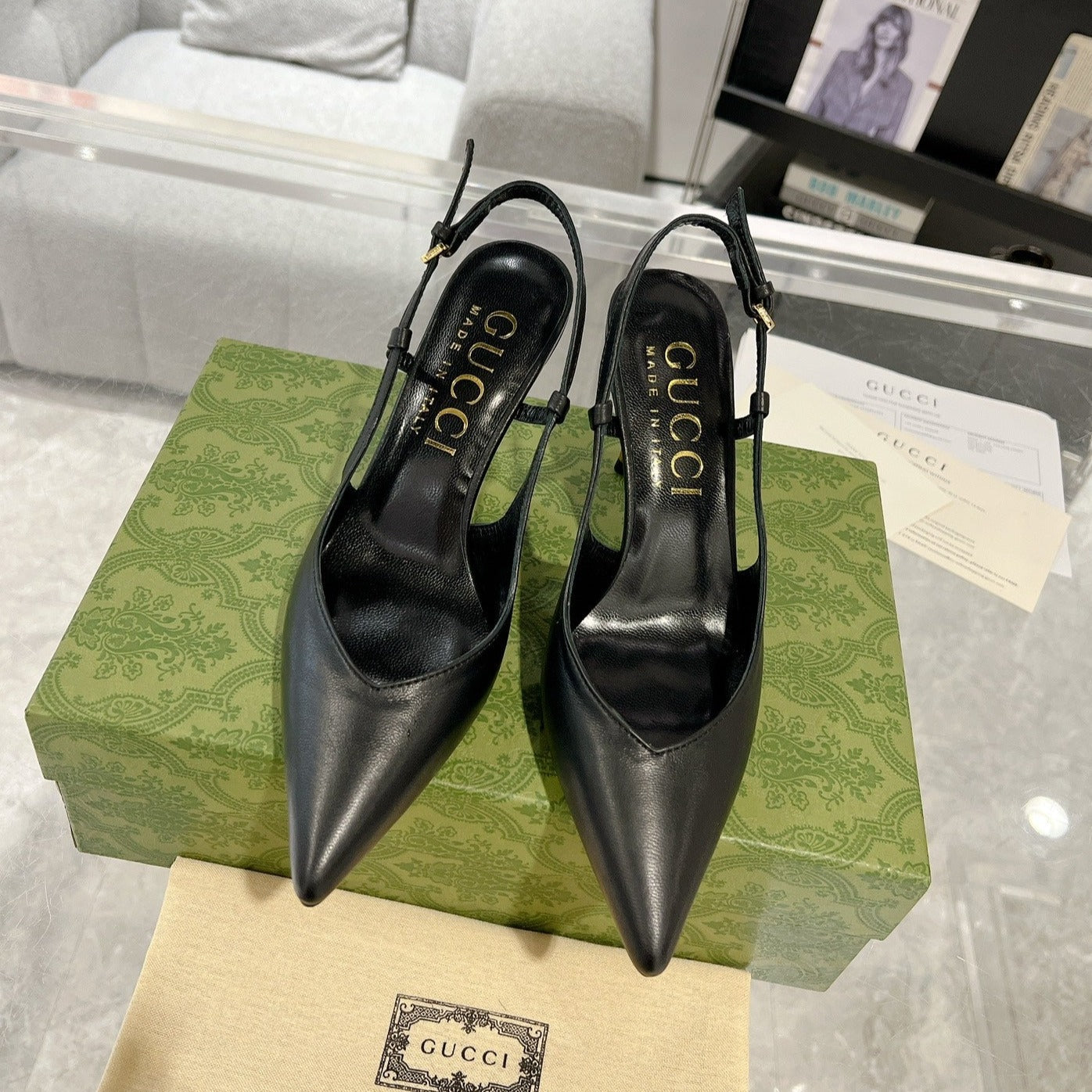 GUCCI SLINGBACK HIGH HEEL PUMP BLACK CALFSKIN