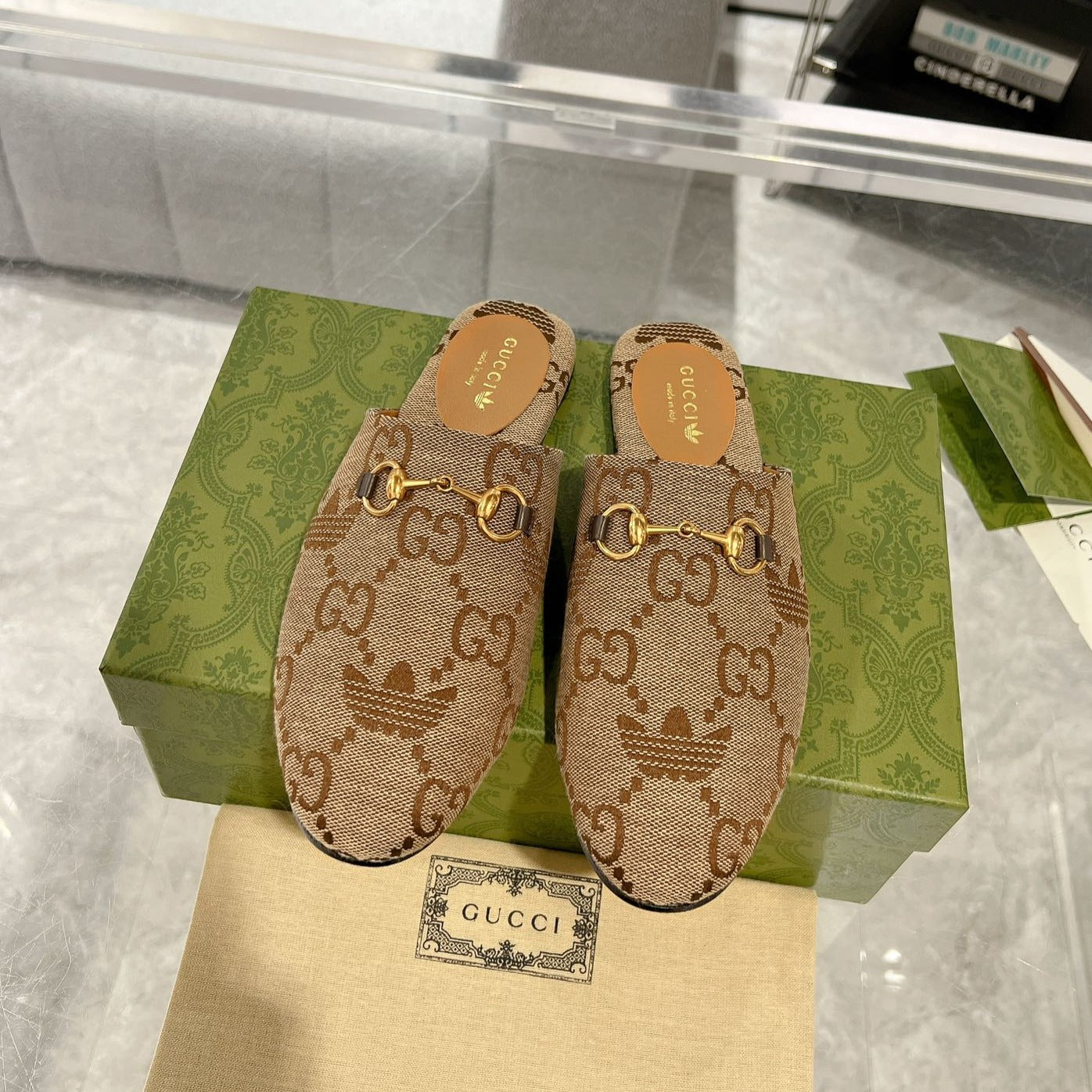 GUCCI & ADIDAS MULE HORSEBIT BUCKLE LIGHT BROWN CANVAS
