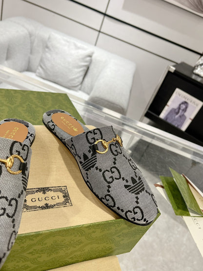 GUCCI & ADIDAS MULE HORSEBIT BUCKLE LIGHT GRAY CANVAS