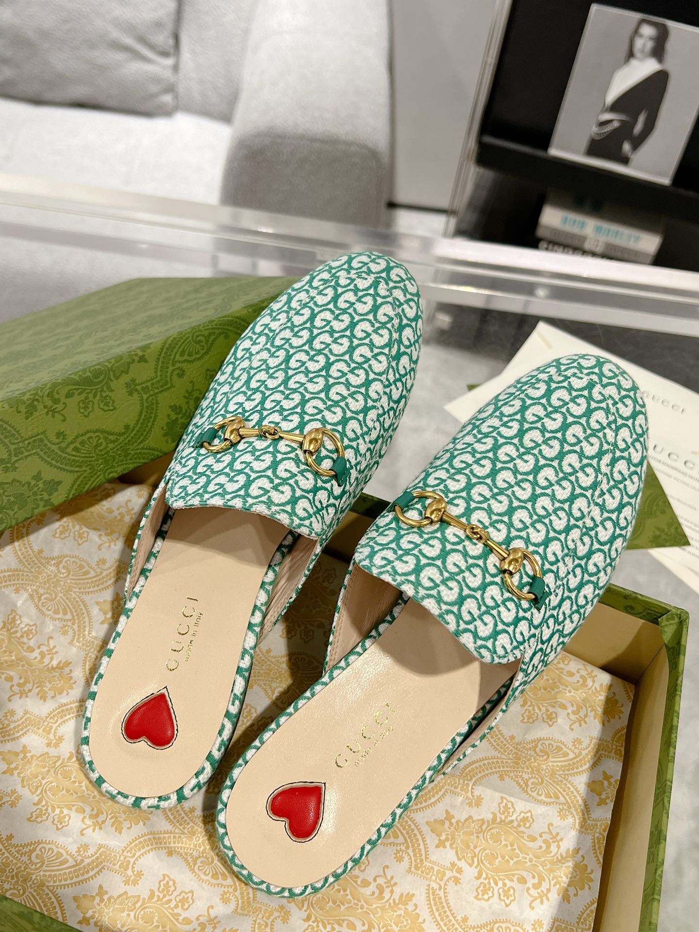 GUCCI MEN'S MULE WITH HORSEBIT IN MINT GREEN MONOGRAM JACQUARD FABRIC