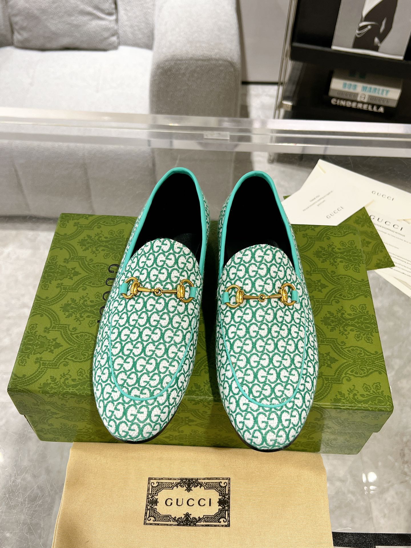 GUCCI MEN'S LOAFER WITH HORSEBIT IN MINT GREEN MONOGRAM JACQUARD FABRIC