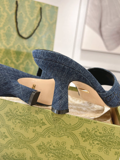 GUCCI CRYSTALS HIGH SANDAL DENIM CANVAS