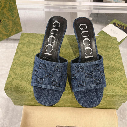 GUCCI CRYSTALS HIGH SANDAL DENIM CANVAS