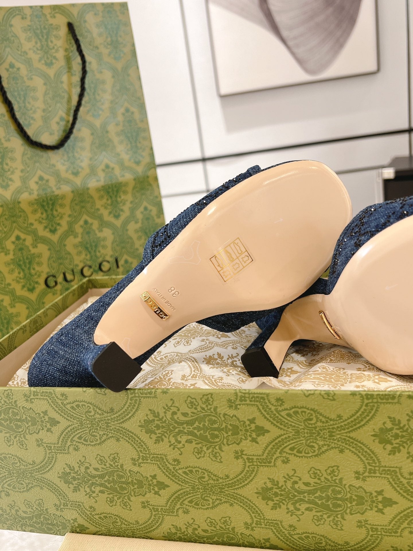 GUCCI CRYSTALS HIGH SANDAL DENIM CANVAS