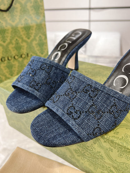 GUCCI CRYSTALS HIGH SANDAL DENIM CANVAS
