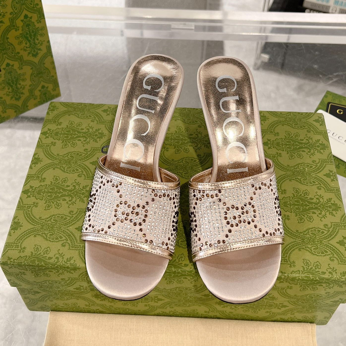 GUCCI CRYSTALS HIGH SANDAL CREAM CANVAS