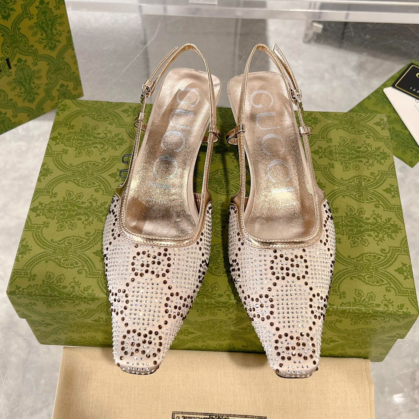 GUCCI CRYSTALS SLINGBACK PUMP CREAM FABRIC