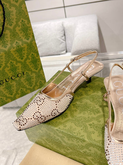 GUCCI CRYSTALS SLINGBACK PUMP CREAM FABRIC