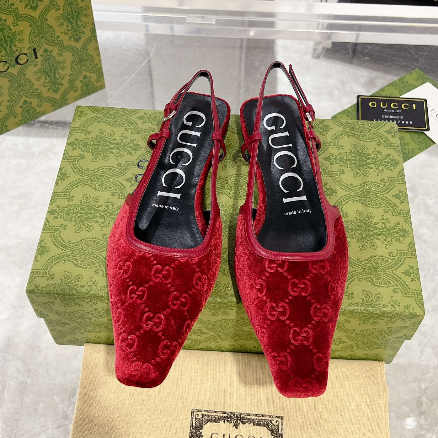 GUCCI SLINGBACK FLATS CHERRY VELVET