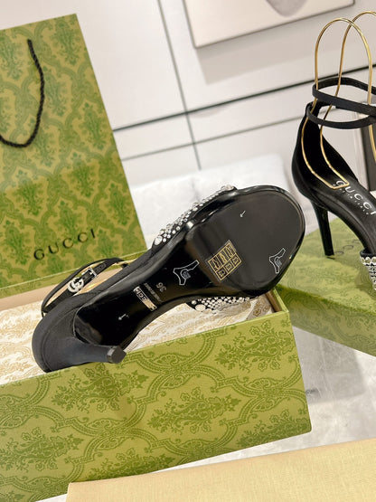 GUCCI CRYSTAL BLACK HIGH HEEL SANDALS SATIN