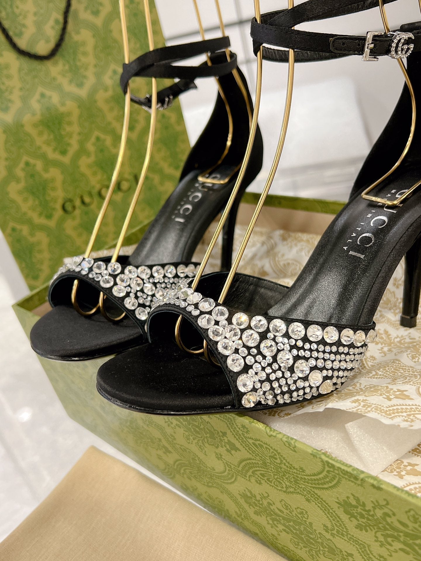 GUCCI CRYSTAL BLACK HIGH HEEL SANDALS SATIN