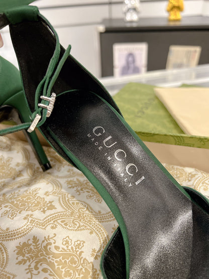 GUCCI CRYSTAL ASTLETON GREEN HIGH HEEL SANDALS SATIN