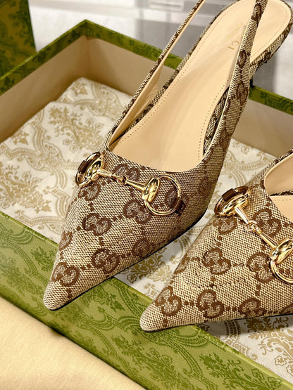 GUCCI MID-HEELED SLINGBACK 4.5 CM IN TAN BEIGE CANVAS