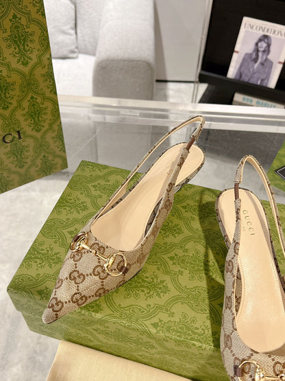 GUCCI MID-HEELED SLINGBACK 4.5 CM IN TAN BEIGE CANVAS