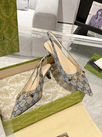 GUCCI MID-HEELED SLINGBACK 4.5 CM IN PALE GRAY CANVAS