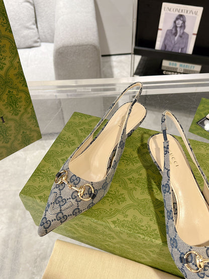 GUCCI MID-HEELED SLINGBACK 4.5 CM IN PALE GRAY CANVAS