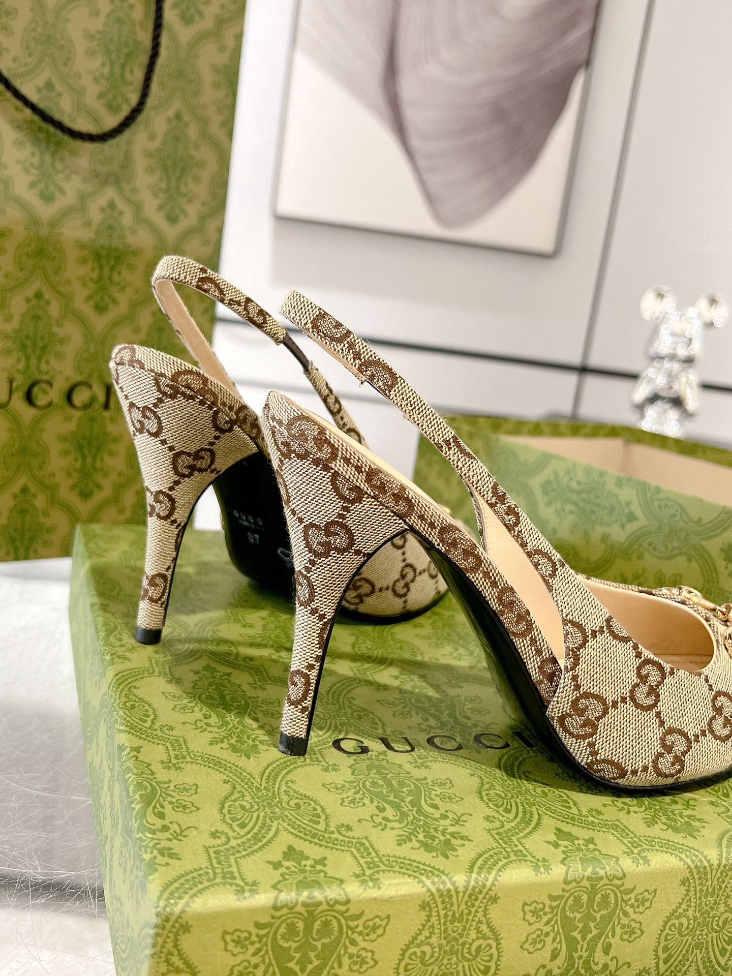 GUCCI HORSEBIT SLINGBACK 105 IN TAN BEIGE CANVAS