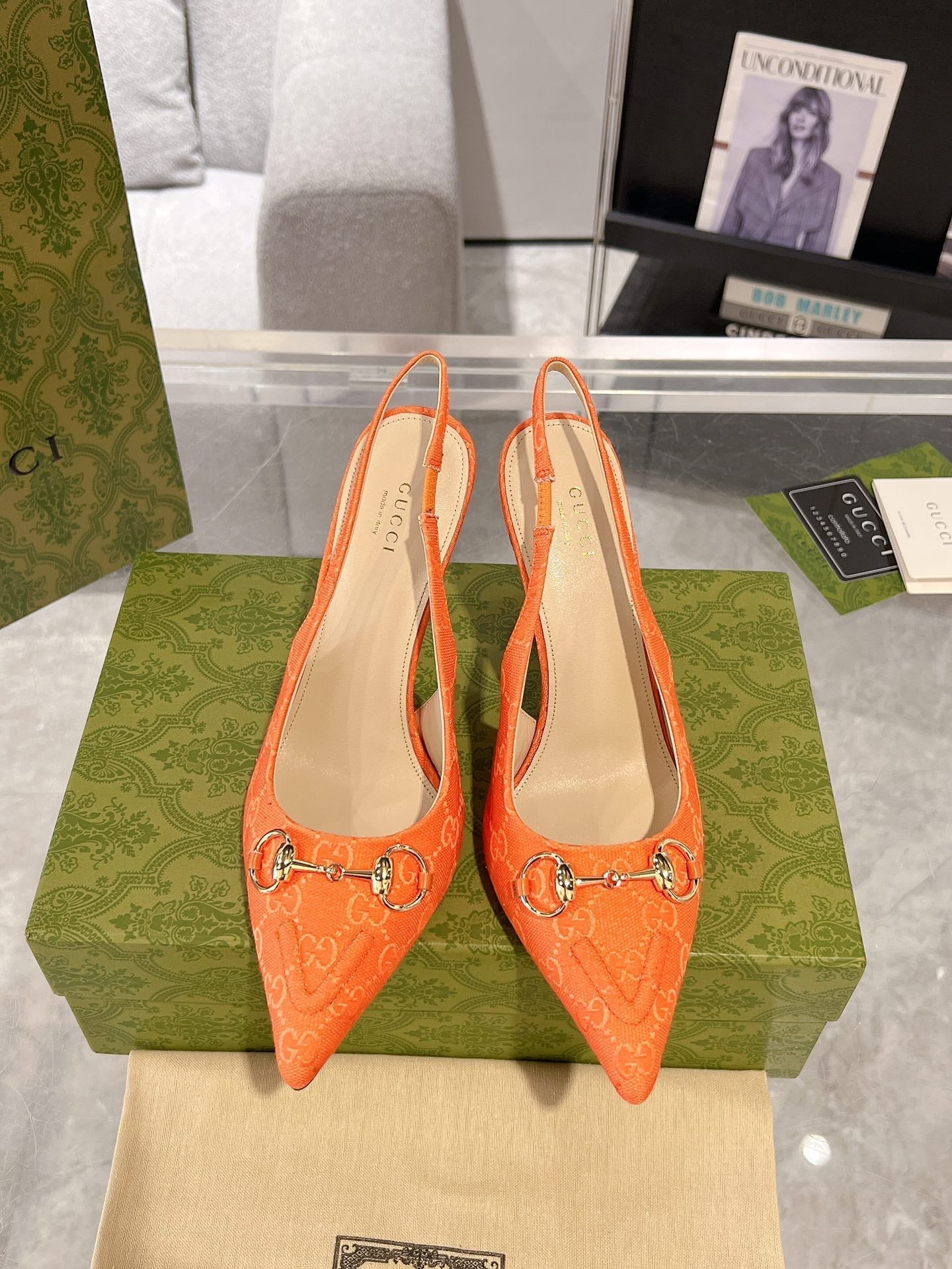 GUCCI HORSEBIT SLINGBACK 105 IN ORANGE CANVAS
