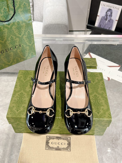 GUCCI HORSEBIT MARY JANE HEEL IN BLACK CALFSKIN GOLD HARDWARE
