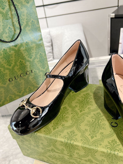 GUCCI HORSEBIT MARY JANE HEEL IN BLACK CALFSKIN GOLD HARDWARE