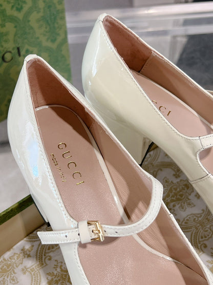GUCCI HORSEBIT MARY JANE HEEL IN WHITE CALFSKIN GOLD HARDWARE