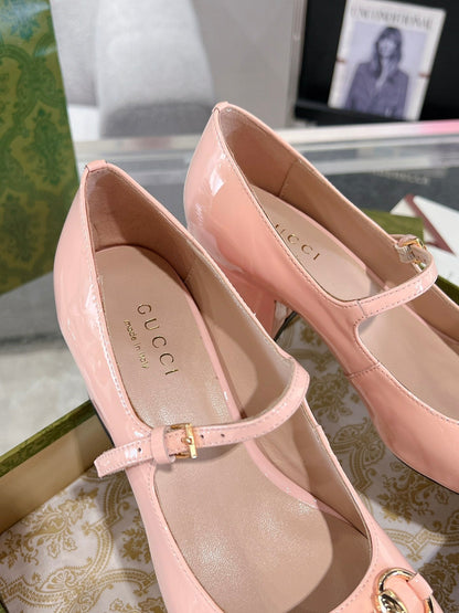 GUCCI HORSEBIT MARY JANE HEEL IN LIGHT PINK CALFSKIN GOLD HARDWARE