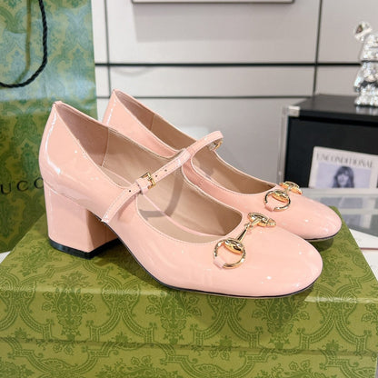 GUCCI HORSEBIT MARY JANE HEEL IN LIGHT PINK CALFSKIN GOLD HARDWARE