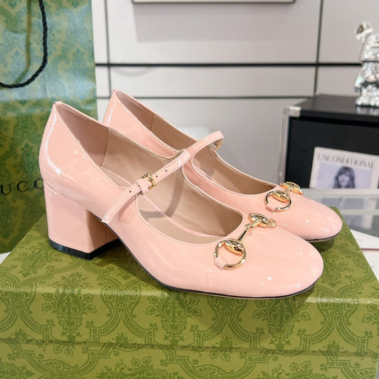 GUCCI HORSEBIT MARY JANE HEEL IN LIGHT PINK CALFSKIN GOLD HARDWARE